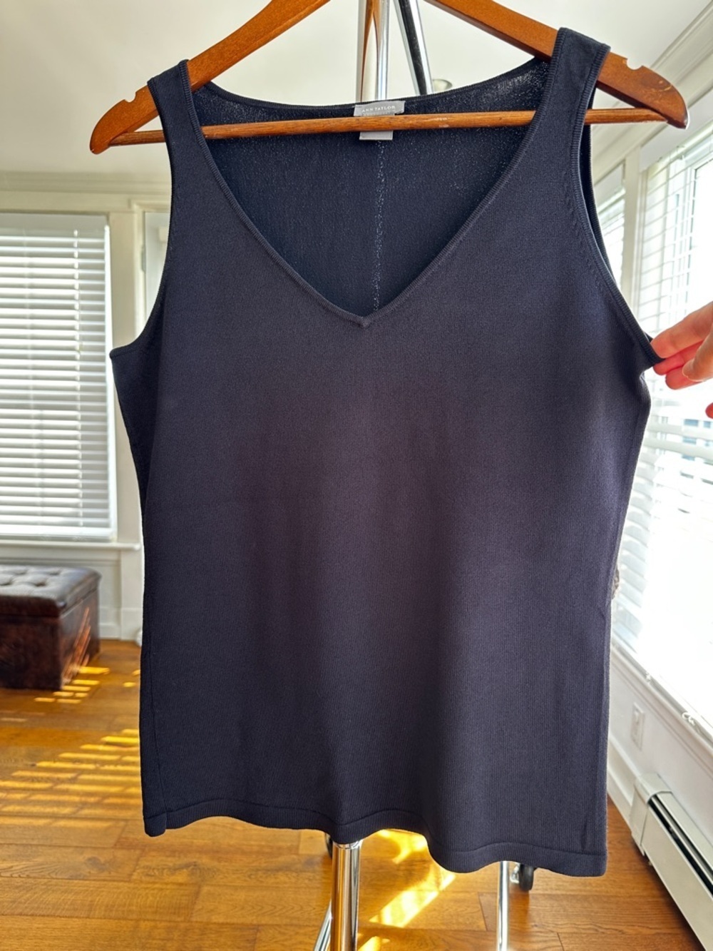 Ann Taylor Black V-Neck Tank Top, Ribbed Knit, Layering